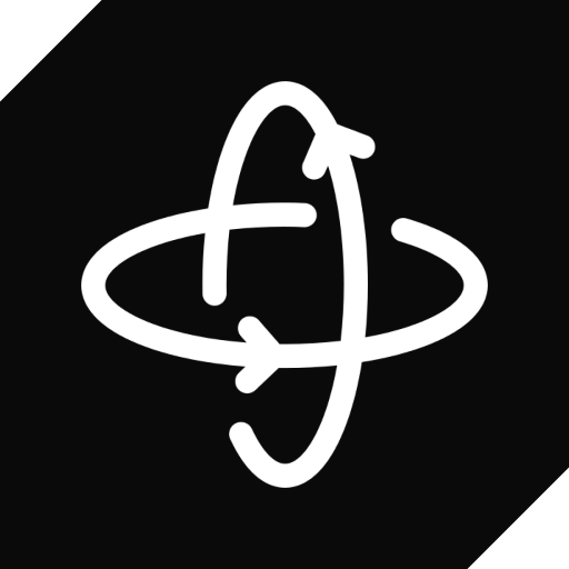 White orbiting arrows icon on black background