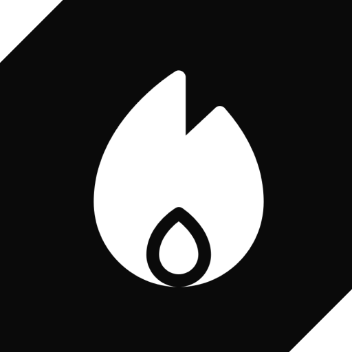 White flame and droplet icon on black